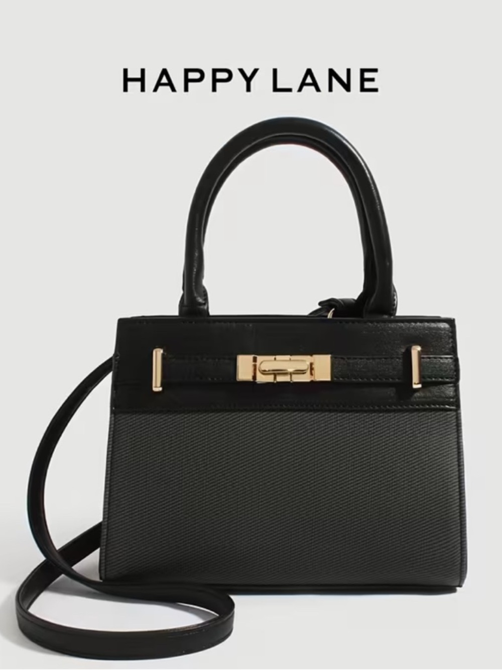 Happy Lane Black Mini Kelly Satchel Crossbody Bag Gold Turn-Lock PU Leather NWT